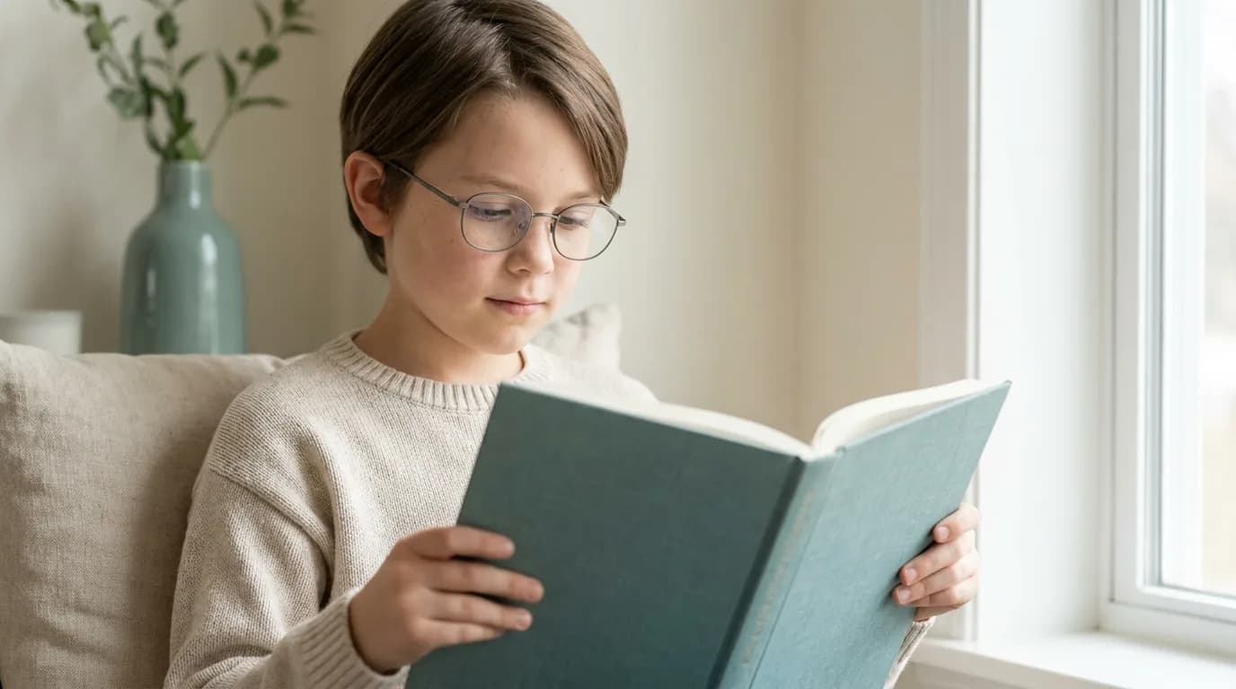 Child wearing glasses reading a book